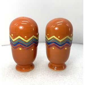 Vintage Earthenware Ceramic Salt‎ & Pepper Shaker Set Zig-Zag Orange 4" Decor